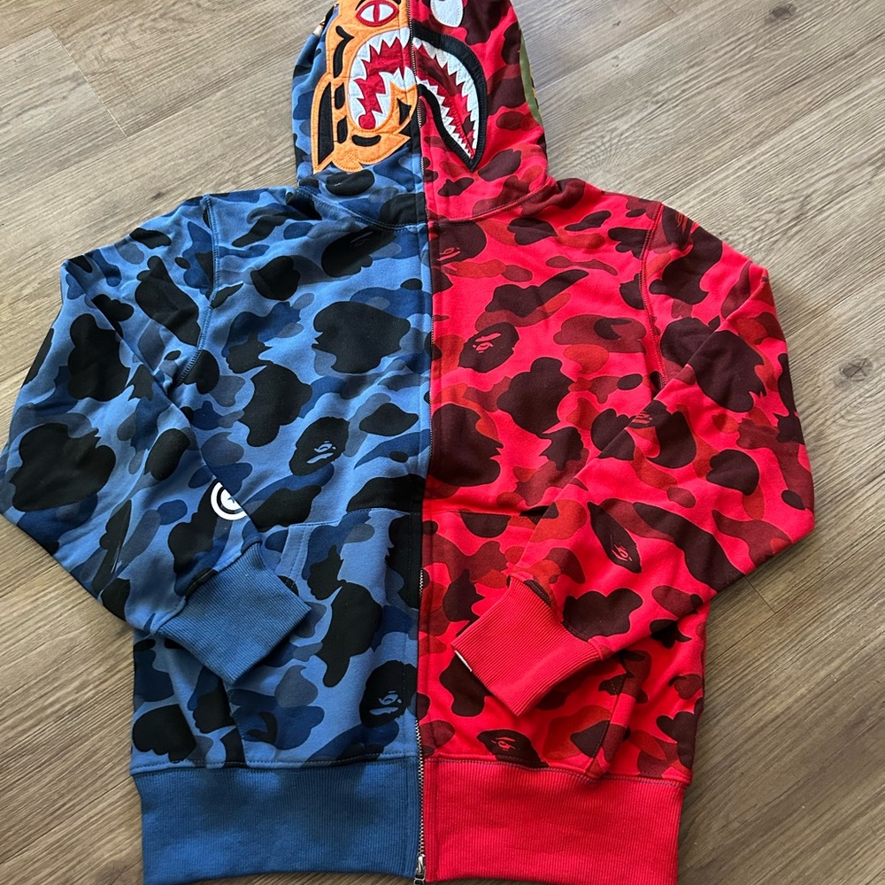 Bape Blue and Red Camo Shark Hoodie